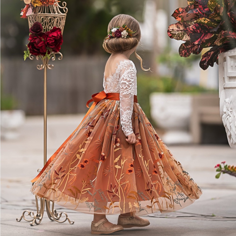 Elegant Orange Floral Kids flower girl Dress